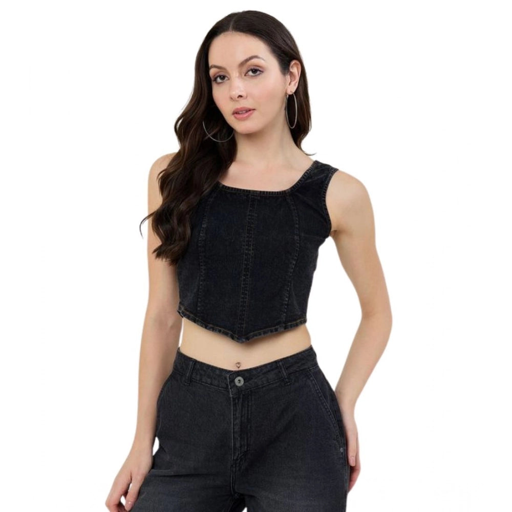 Denim Lycra Solid Sleeveless Top (Black)