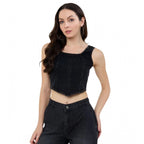 Denim Lycra Solid Sleeveless Top (Black)