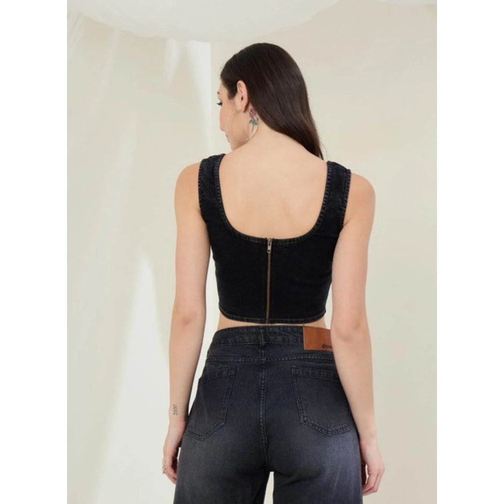 Denim Lycra Solid Sleeveless Top (Black)
