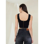 Denim Lycra Solid Sleeveless Top (Black)