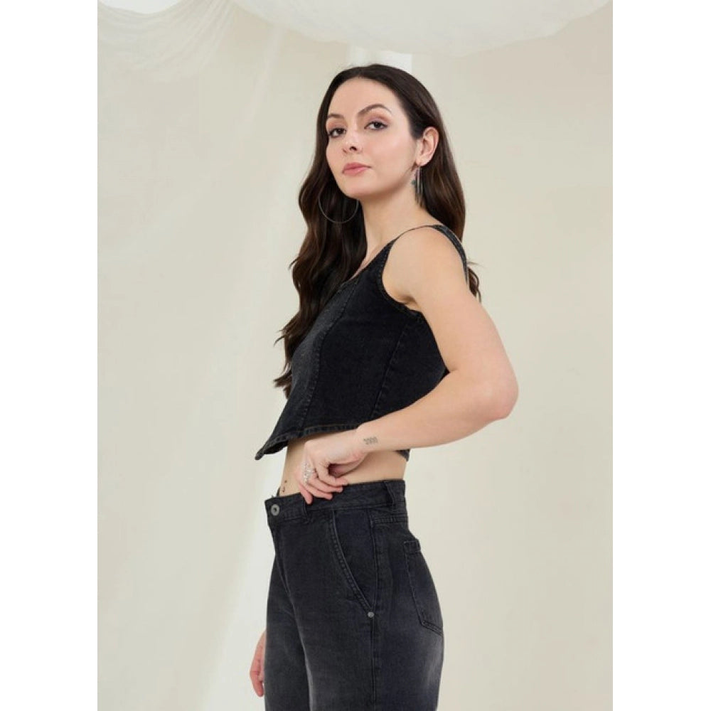 Denim Lycra Solid Sleeveless Top (Black)
