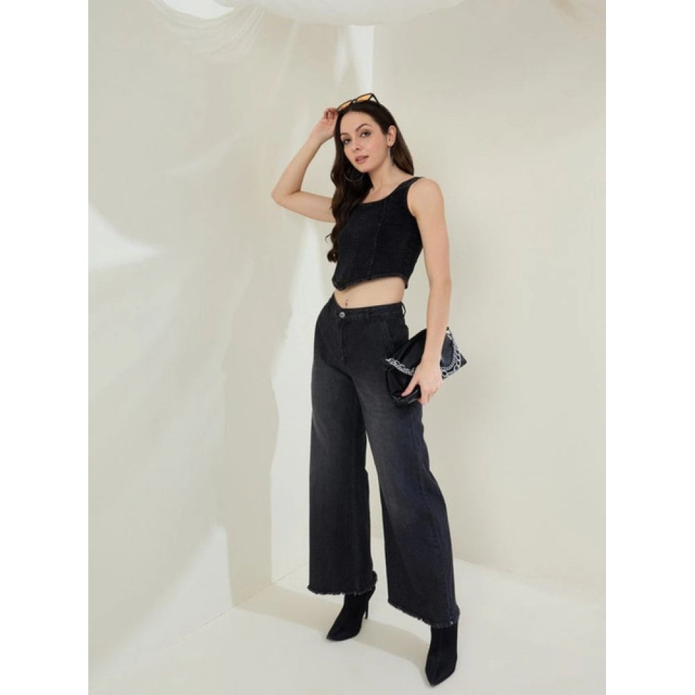 Denim Lycra Solid Sleeveless Top (Black)
