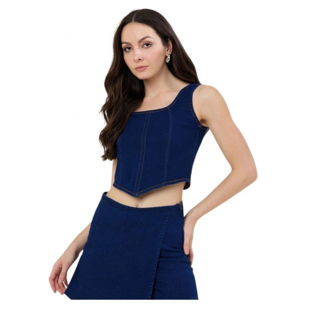 Denim Lycra Solid Sleeveless Top (Blue)