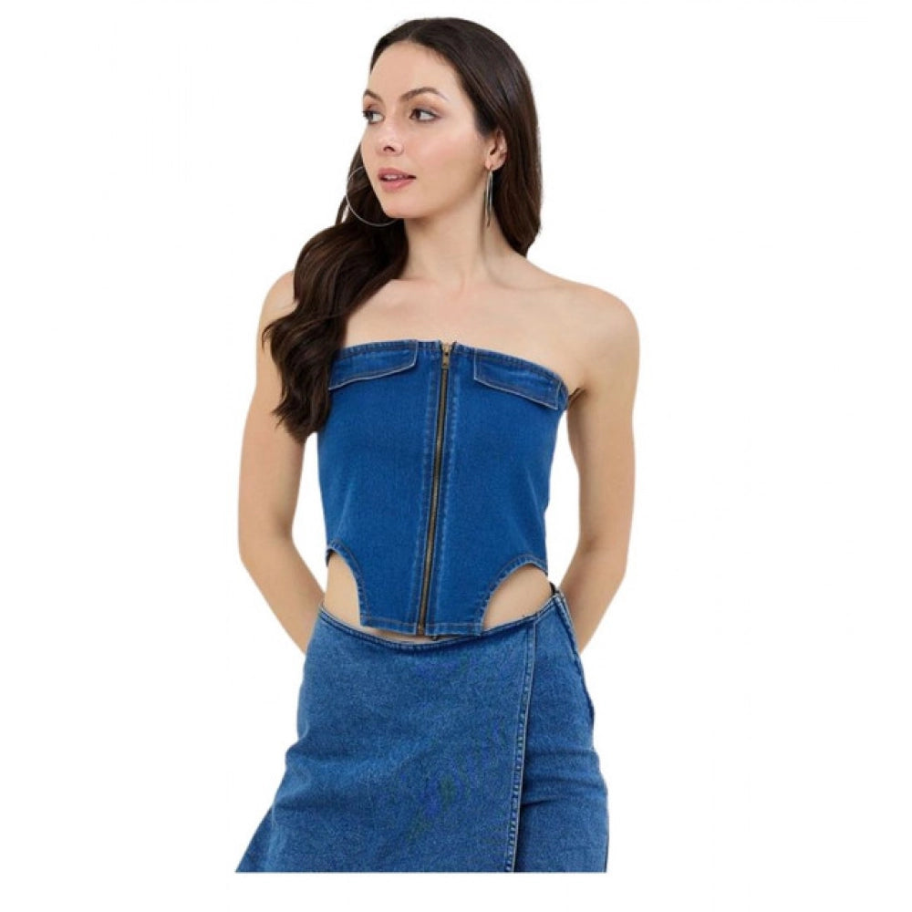 Denim Lycra Solid Sleeveless Top (Blue)