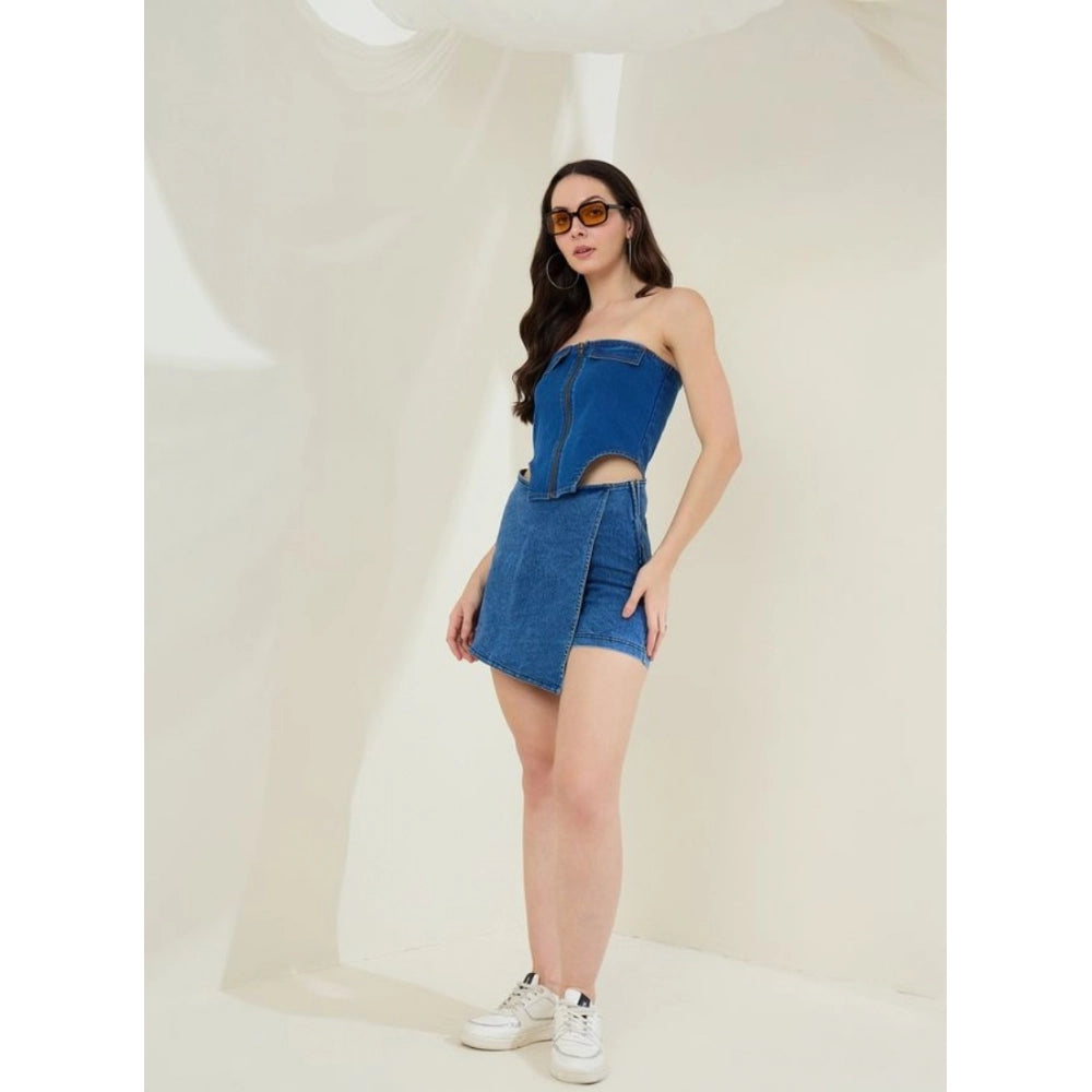 Denim Lycra Solid Sleeveless Top (Blue)