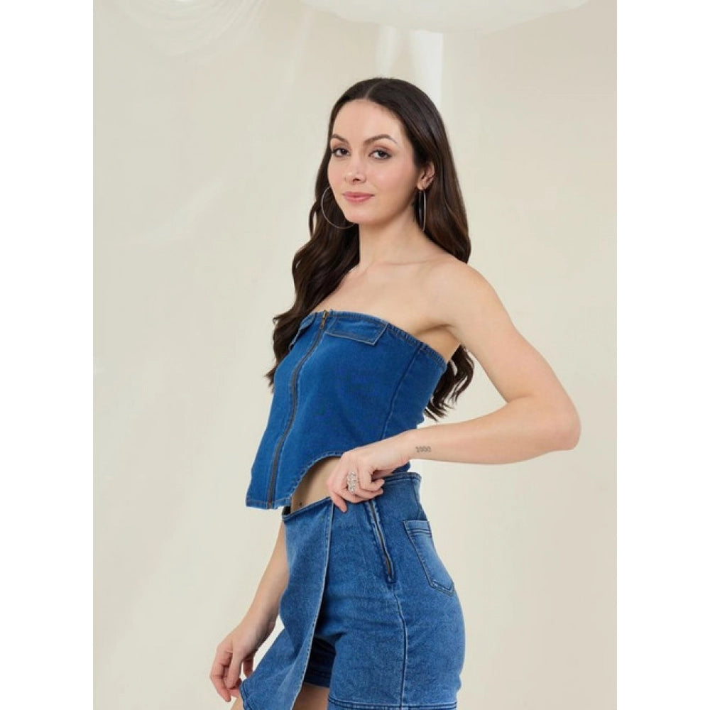 Denim Lycra Solid Sleeveless Top (Blue)