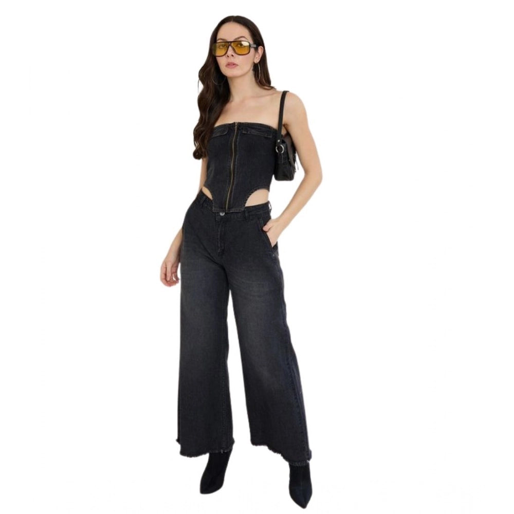Denim Lycra Solid Sleeveless Top (Black)