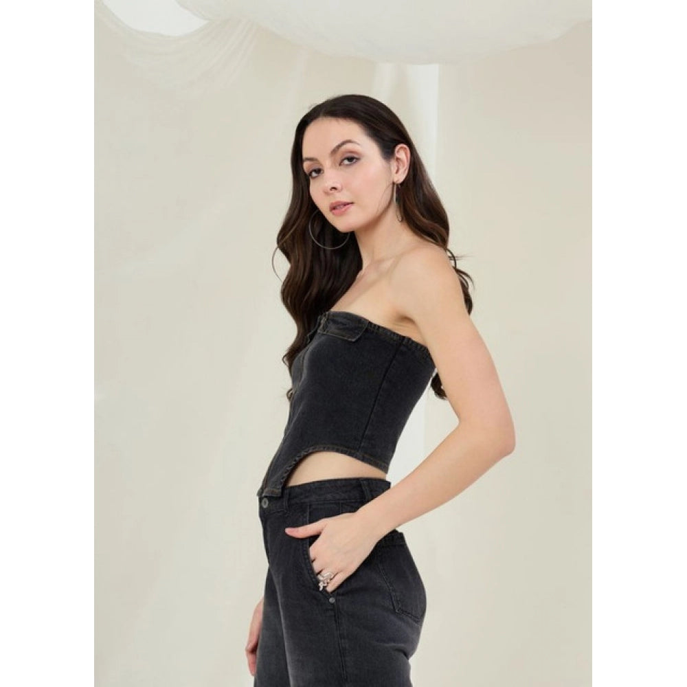 Denim Lycra Solid Sleeveless Top (Black)