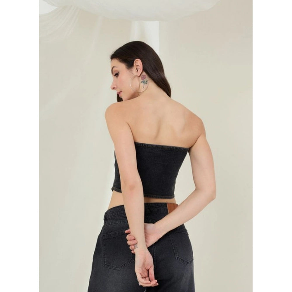 Denim Lycra Solid Sleeveless Top (Black)