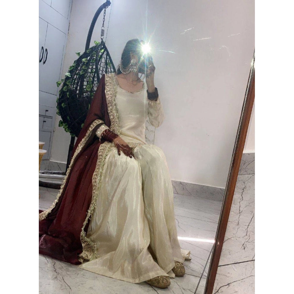 Silk Embroidered 3/4th Sleeve V-Neck Kurti With Sharara Pant and Dupatta Set (Cream &amp; Brown)