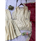 Silk Embroidered 3/4th Sleeve V-Neck Kurti With Sharara Pant and Dupatta Set (Cream &amp; Brown)