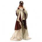 Silk Embroidered 3/4th Sleeve V-Neck Kurti With Sharara Pant and Dupatta Set (Cream &amp; Brown)