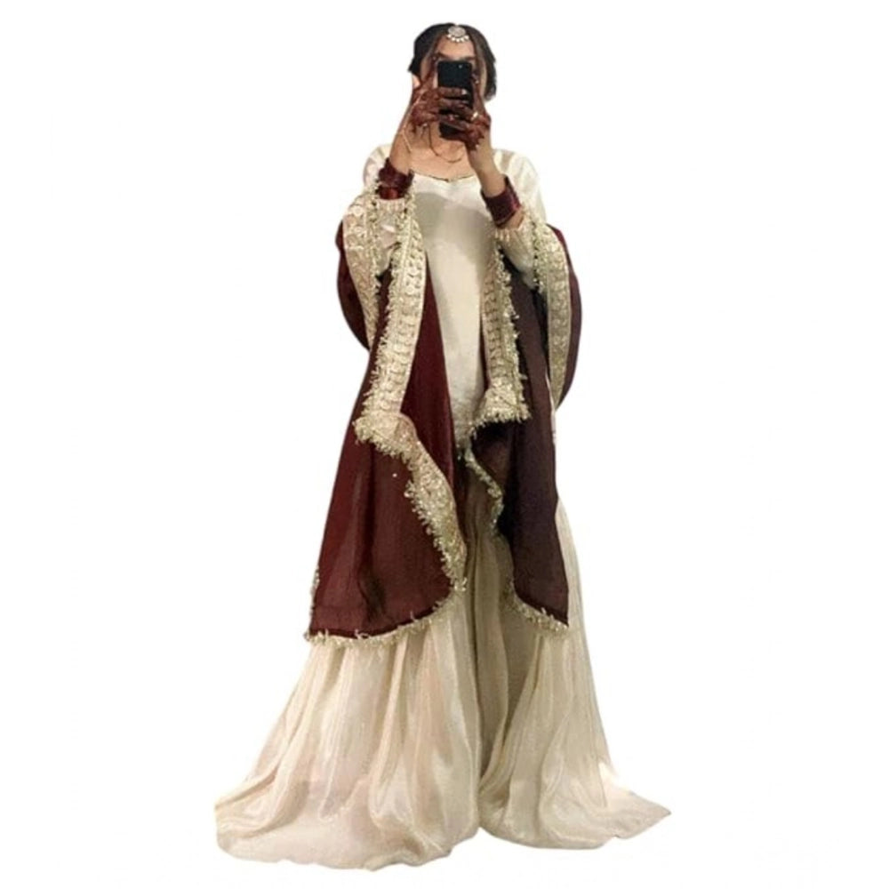 Silk Embroidered 3/4th Sleeve V-Neck Kurti With Sharara Pant and Dupatta Set (Cream &amp; Brown)