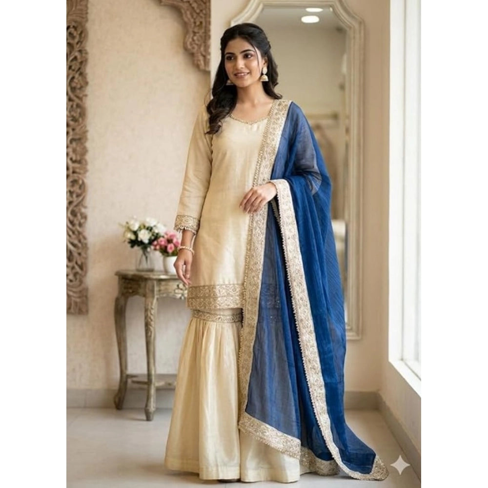 Silk Embroidered 3/4th Sleeve V-Neck Kurti With Sharara Pant and Dupatta Set (Cream &amp; Blue)