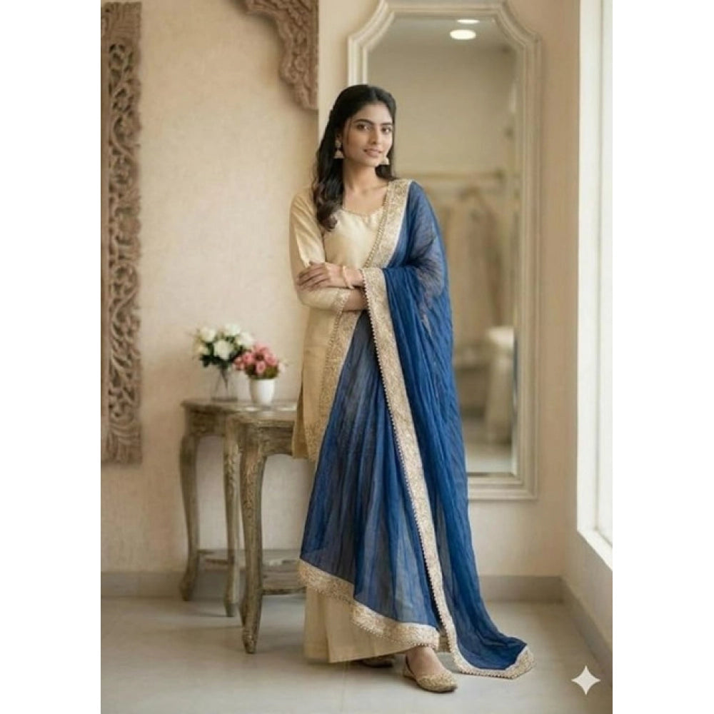 Silk Embroidered 3/4th Sleeve V-Neck Kurti With Sharara Pant and Dupatta Set (Cream &amp; Blue)