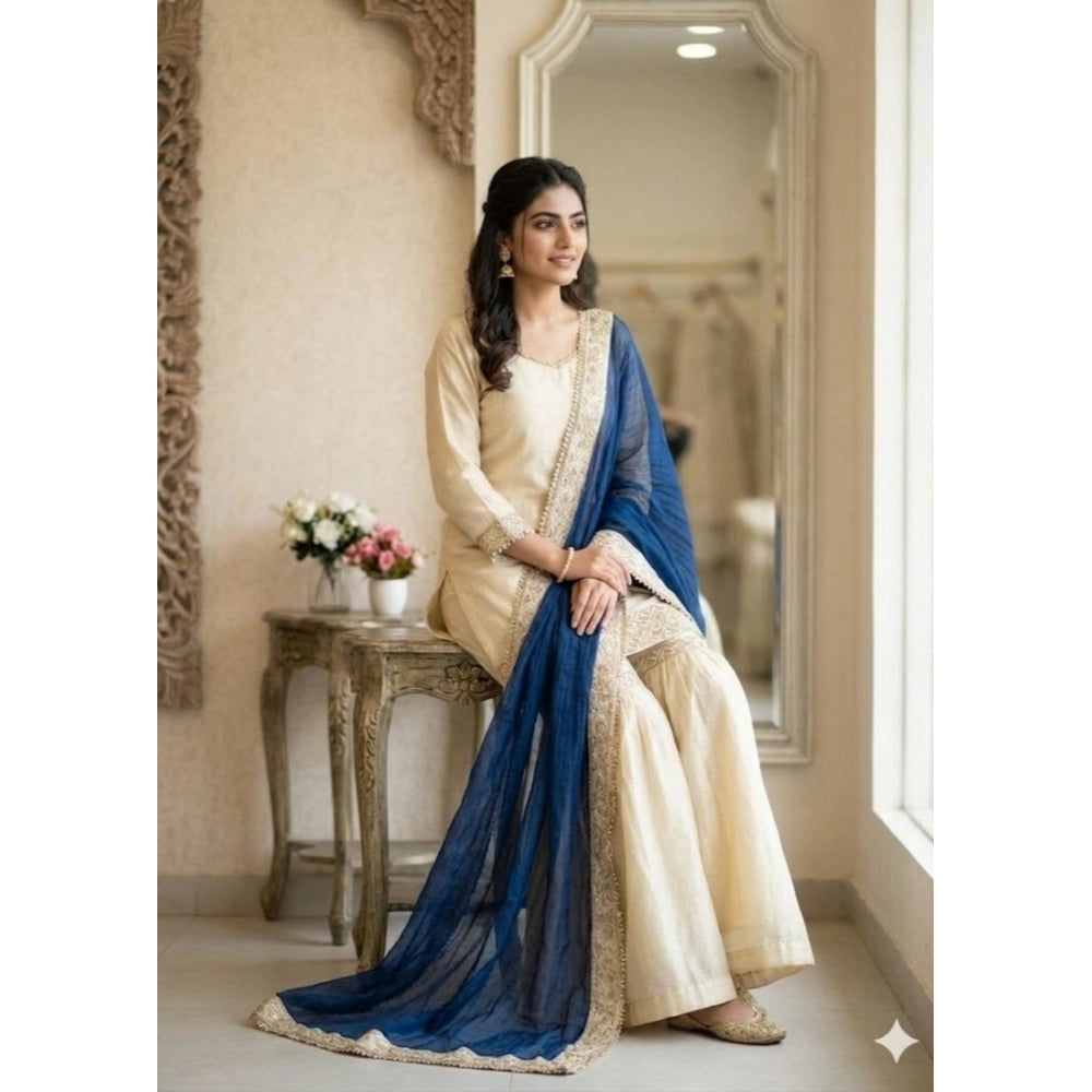 Silk Embroidered 3/4th Sleeve V-Neck Kurti With Sharara Pant and Dupatta Set (Cream &amp; Blue)