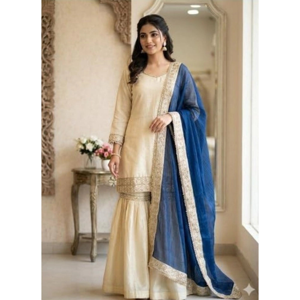 Silk Embroidered 3/4th Sleeve V-Neck Kurti With Sharara Pant and Dupatta Set (Cream &amp; Blue)