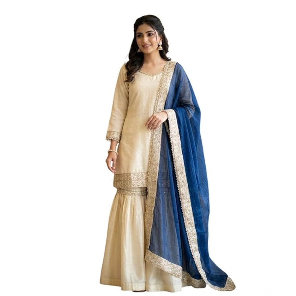 Silk Embroidered 3/4th Sleeve V-Neck Kurti With Sharara Pant and Dupatta Set (Cream &amp; Blue)