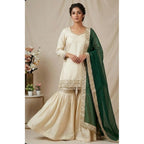 Silk Embroidered 3/4th Sleeve V-Neck Kurti With Sharara Pant and Dupatta Set (Cream &amp; Bottle Green)
