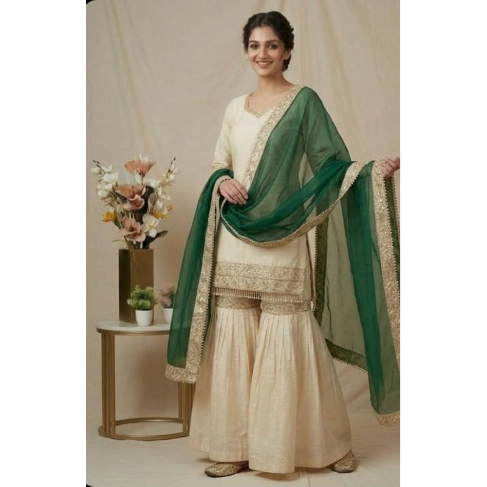 Silk Embroidered 3/4th Sleeve V-Neck Kurti With Sharara Pant and Dupatta Set (Cream &amp; Bottle Green)