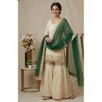 Silk Embroidered 3/4th Sleeve V-Neck Kurti With Sharara Pant and Dupatta Set (Cream &amp; Bottle Green)