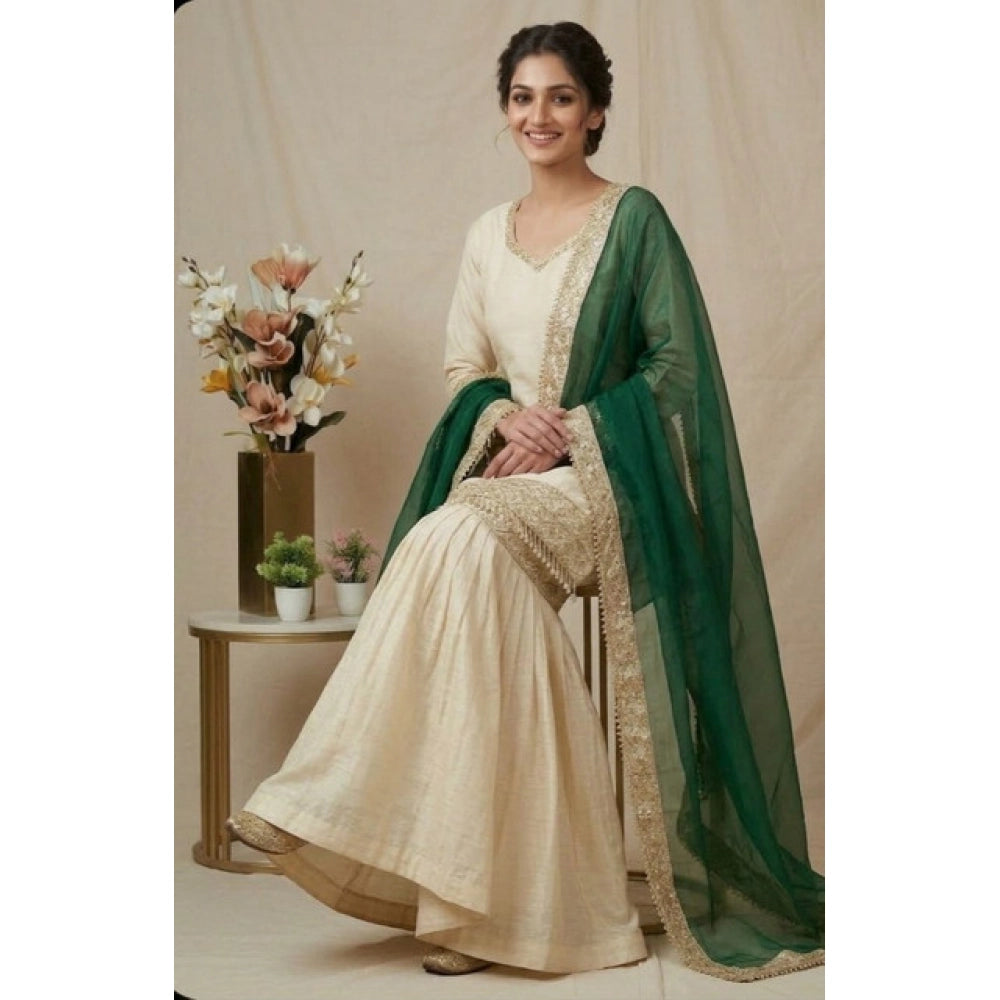 Silk Embroidered 3/4th Sleeve V-Neck Kurti With Sharara Pant and Dupatta Set (Cream &amp; Bottle Green)