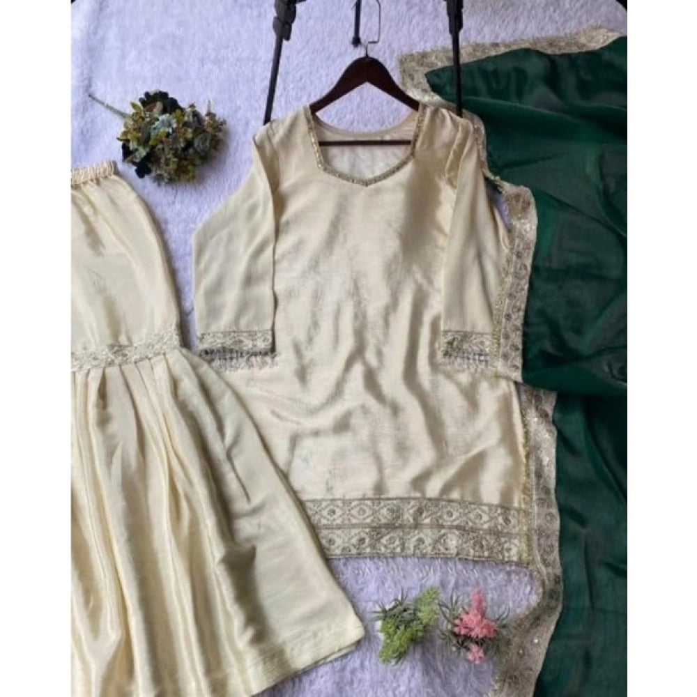 Silk Embroidered 3/4th Sleeve V-Neck Kurti With Sharara Pant and Dupatta Set (Cream &amp; Bottle Green)