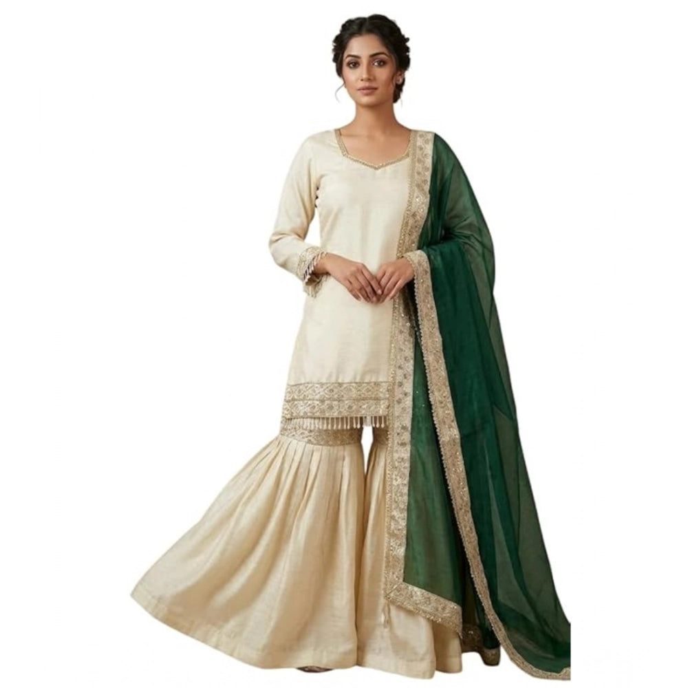 Silk Embroidered 3/4th Sleeve V-Neck Kurti With Sharara Pant and Dupatta Set (Cream &amp; Bottle Green)