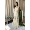 Silk Embroidered 3/4th Sleeve V-Neck Kurti With Sharara Pant and Dupatta Set (Cream &amp; Green)