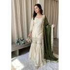 Silk Embroidered 3/4th Sleeve V-Neck Kurti With Sharara Pant and Dupatta Set (Cream &amp; Green)