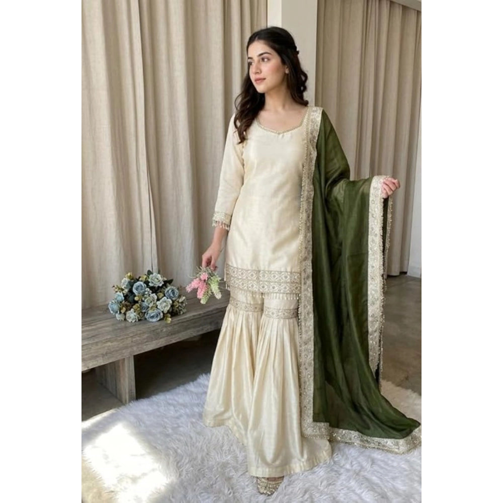 Silk Embroidered 3/4th Sleeve V-Neck Kurti With Sharara Pant and Dupatta Set (Cream &amp; Green)