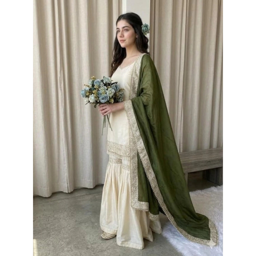 Silk Embroidered 3/4th Sleeve V-Neck Kurti With Sharara Pant and Dupatta Set (Cream &amp; Green)