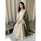 Silk Embroidered 3/4th Sleeve V-Neck Kurti With Sharara Pant and Dupatta Set (Cream &amp; Green)