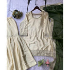 Silk Embroidered 3/4th Sleeve V-Neck Kurti With Sharara Pant and Dupatta Set (Cream &amp; Green)