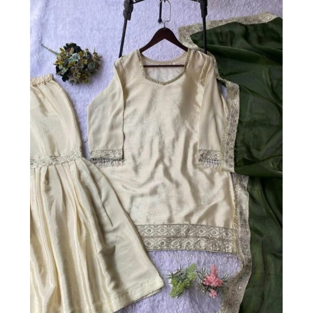 Silk Embroidered 3/4th Sleeve V-Neck Kurti With Sharara Pant and Dupatta Set (Cream &amp; Green)