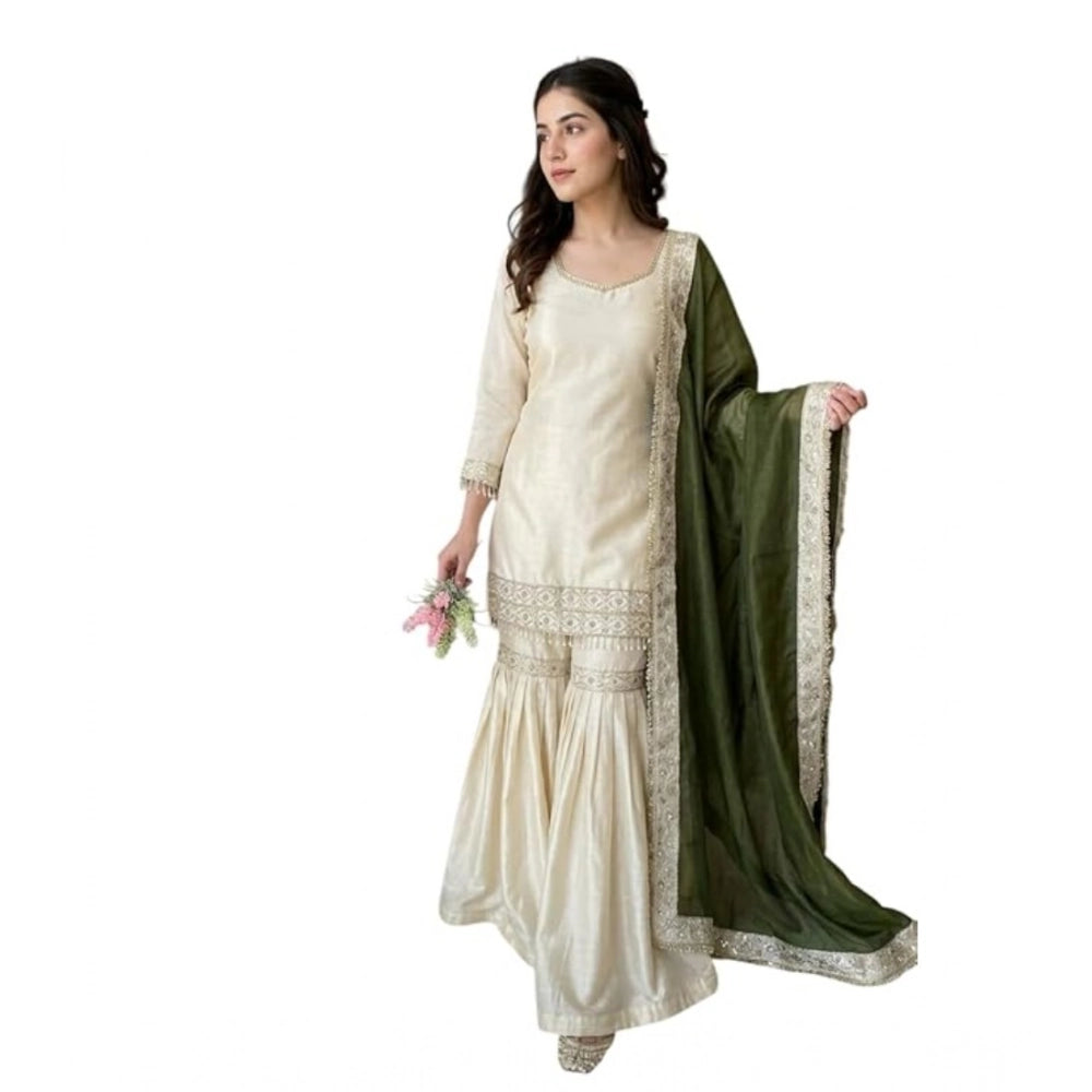 Silk Embroidered 3/4th Sleeve V-Neck Kurti With Sharara Pant and Dupatta Set (Cream &amp; Green)