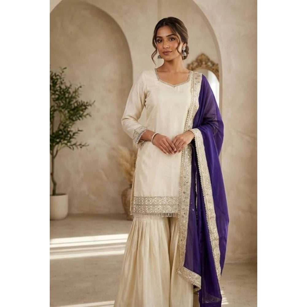 Silk Embroidered 3/4th Sleeve V-Neck Kurti With Sharara Pant and Dupatta Set (Cream &amp; Purple)