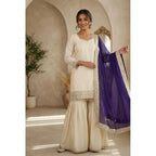 Silk Embroidered 3/4th Sleeve V-Neck Kurti With Sharara Pant and Dupatta Set (Cream &amp; Purple)