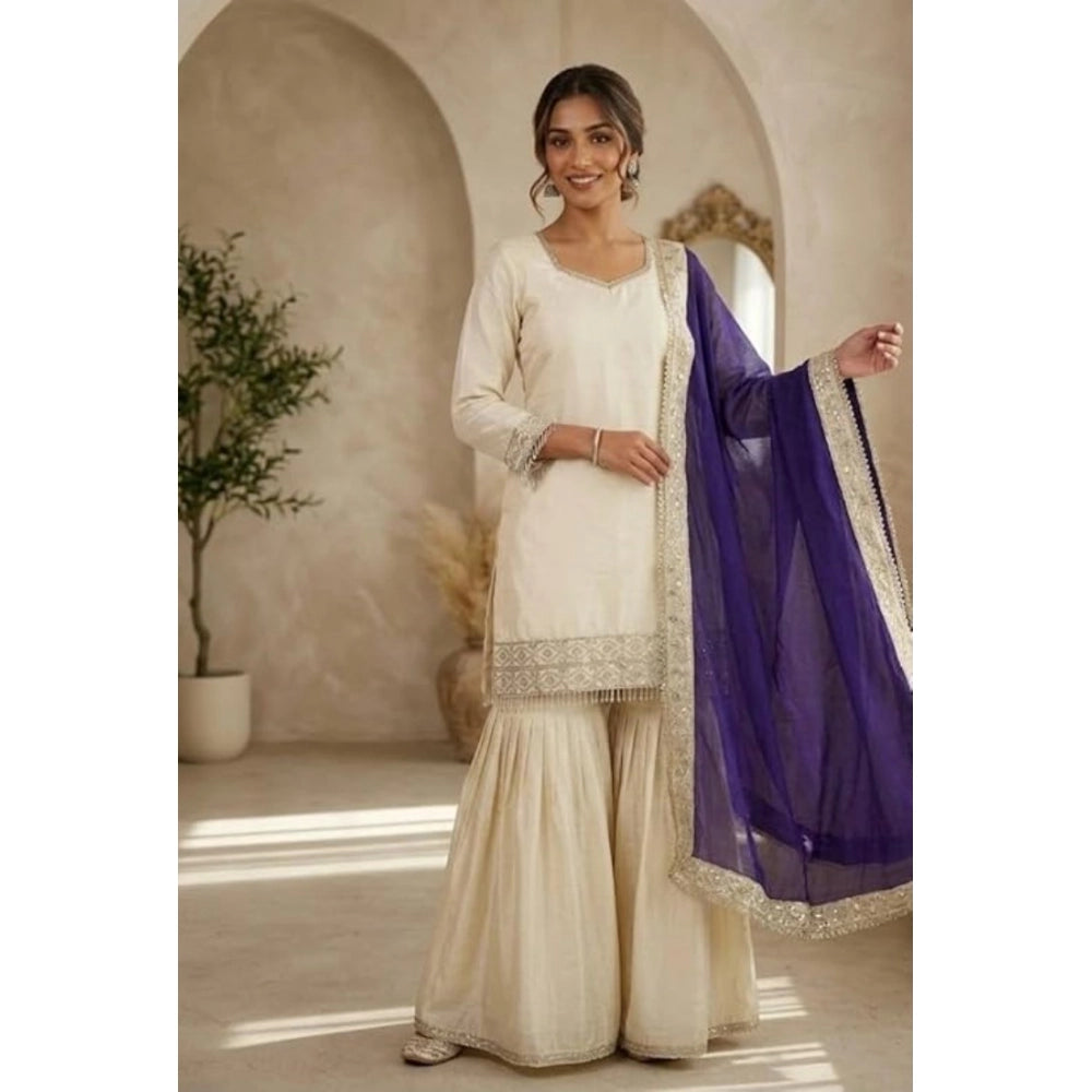 Silk Embroidered 3/4th Sleeve V-Neck Kurti With Sharara Pant and Dupatta Set (Cream &amp; Purple)