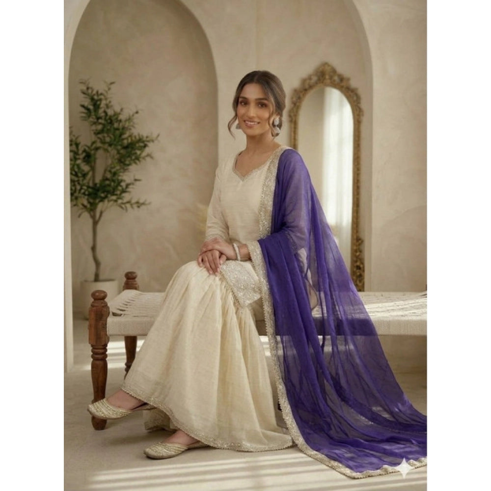Silk Embroidered 3/4th Sleeve V-Neck Kurti With Sharara Pant and Dupatta Set (Cream &amp; Purple)