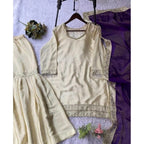 Silk Embroidered 3/4th Sleeve V-Neck Kurti With Sharara Pant and Dupatta Set (Cream &amp; Purple)