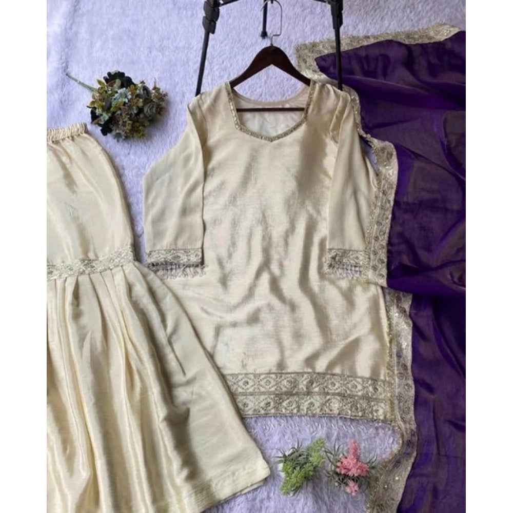 Silk Embroidered 3/4th Sleeve V-Neck Kurti With Sharara Pant and Dupatta Set (Cream &amp; Purple)