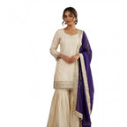Silk Embroidered 3/4th Sleeve V-Neck Kurti With Sharara Pant and Dupatta Set (Cream &amp; Purple)