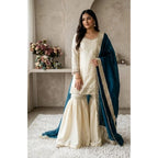 Silk Embroidered 3/4th Sleeve V-Neck Kurti With Sharara Pant and Dupatta Set (Cream &amp; Teal)