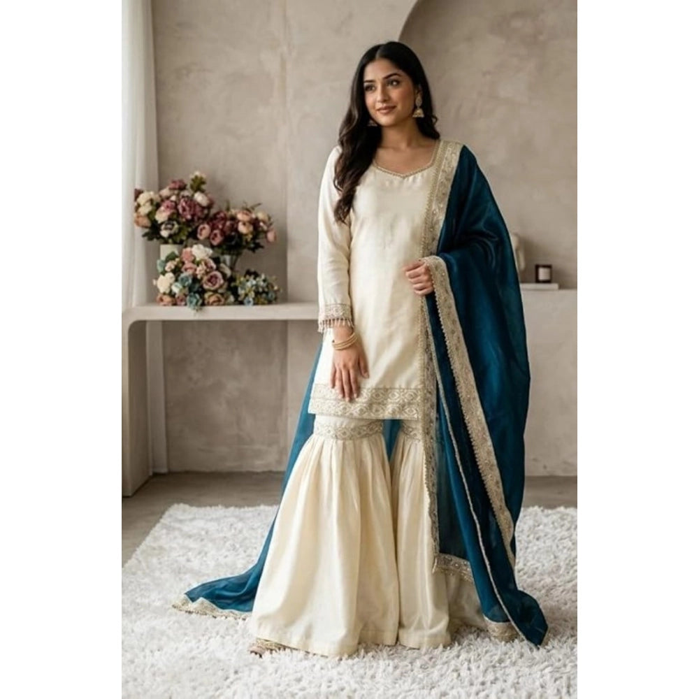 Silk Embroidered 3/4th Sleeve V-Neck Kurti With Sharara Pant and Dupatta Set (Cream &amp; Teal)