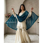 Silk Embroidered 3/4th Sleeve V-Neck Kurti With Sharara Pant and Dupatta Set (Cream &amp; Teal)