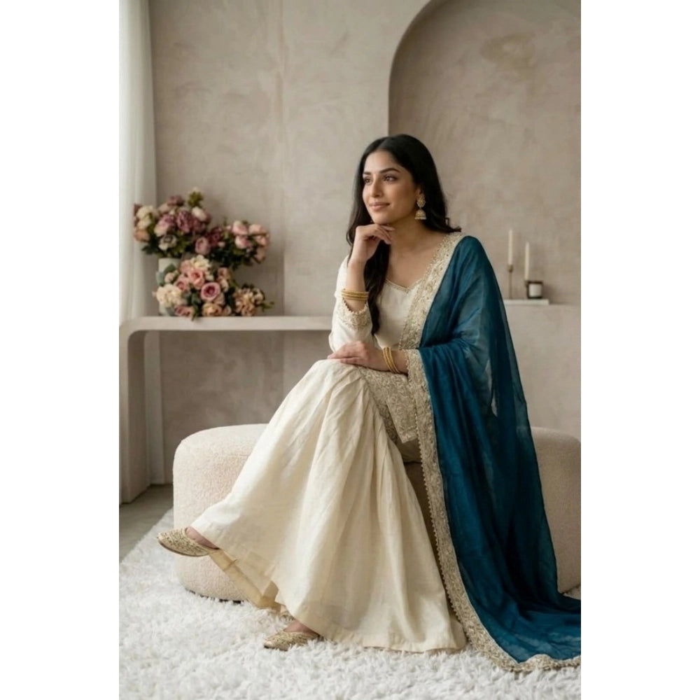 Silk Embroidered 3/4th Sleeve V-Neck Kurti With Sharara Pant and Dupatta Set (Cream &amp; Teal)