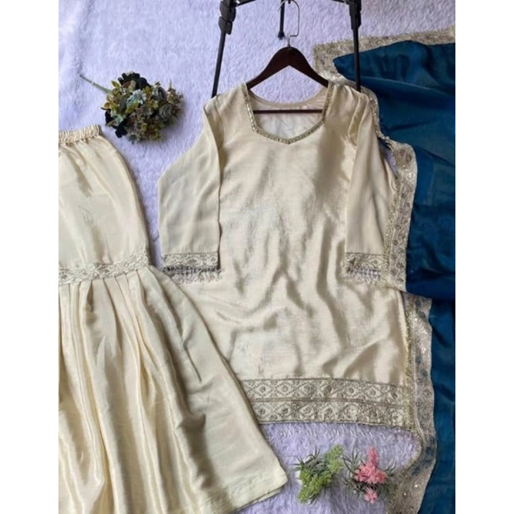 Silk Embroidered 3/4th Sleeve V-Neck Kurti With Sharara Pant and Dupatta Set (Cream &amp; Teal)
