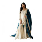Silk Embroidered 3/4th Sleeve V-Neck Kurti With Sharara Pant and Dupatta Set (Cream &amp; Teal)