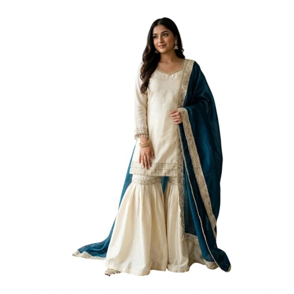 Silk Embroidered 3/4th Sleeve V-Neck Kurti With Sharara Pant and Dupatta Set (Cream &amp; Teal)